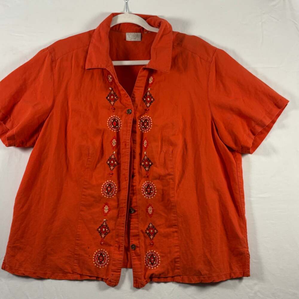 Vintage Erika Brand Orange Beaded Linen Blend Button Up